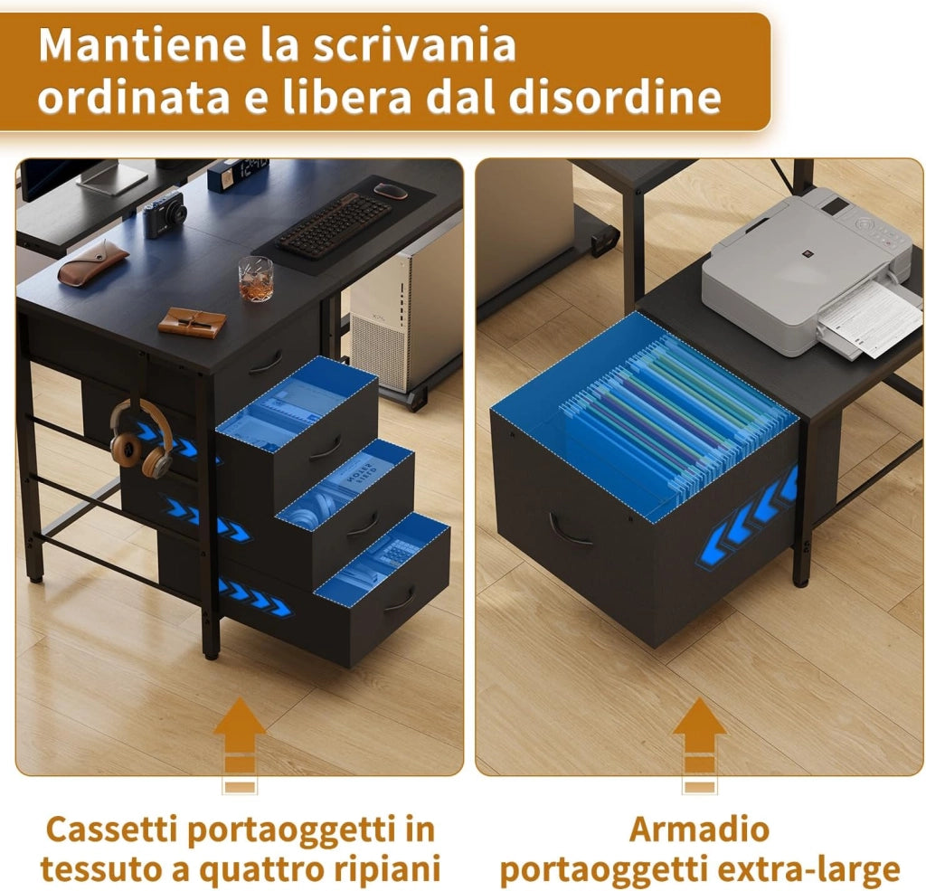 Scrivania Gaming Angolare Con Led E Prese,160 x 120 cm Tavolo Gaming Con 3 Cassetti In Tessuto, Scrivania Angolare Con Supporto Per Monitor Per Casa Ufficio, Nero