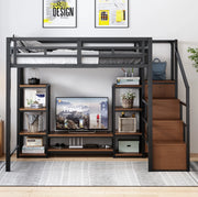 Letto a soppalco 140x200 cm con supporto TV; presa elettrica e scala portaoggetti; nero