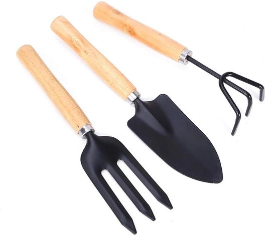 Kit di attrezzi per giardinaggio 3 pezzi - Attrezzo manuale - Manubrio in legno - Acciaio ricco di carbonio - Forte e duraturo - Per la rimozione e la potatura - Set di giardinaggio
