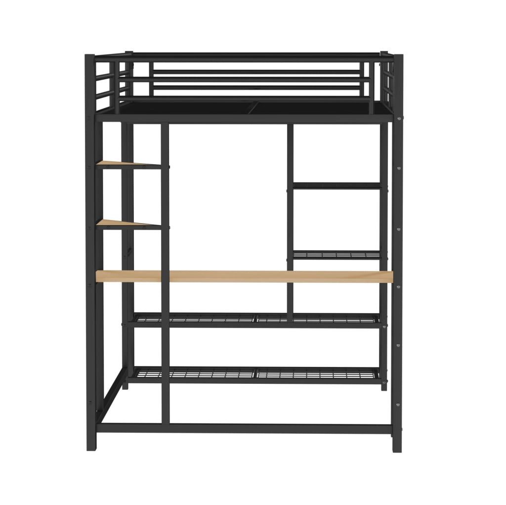Letto a soppalco in metallo 140x200 cm con scrivania; appendiabiti e ripiani; nero