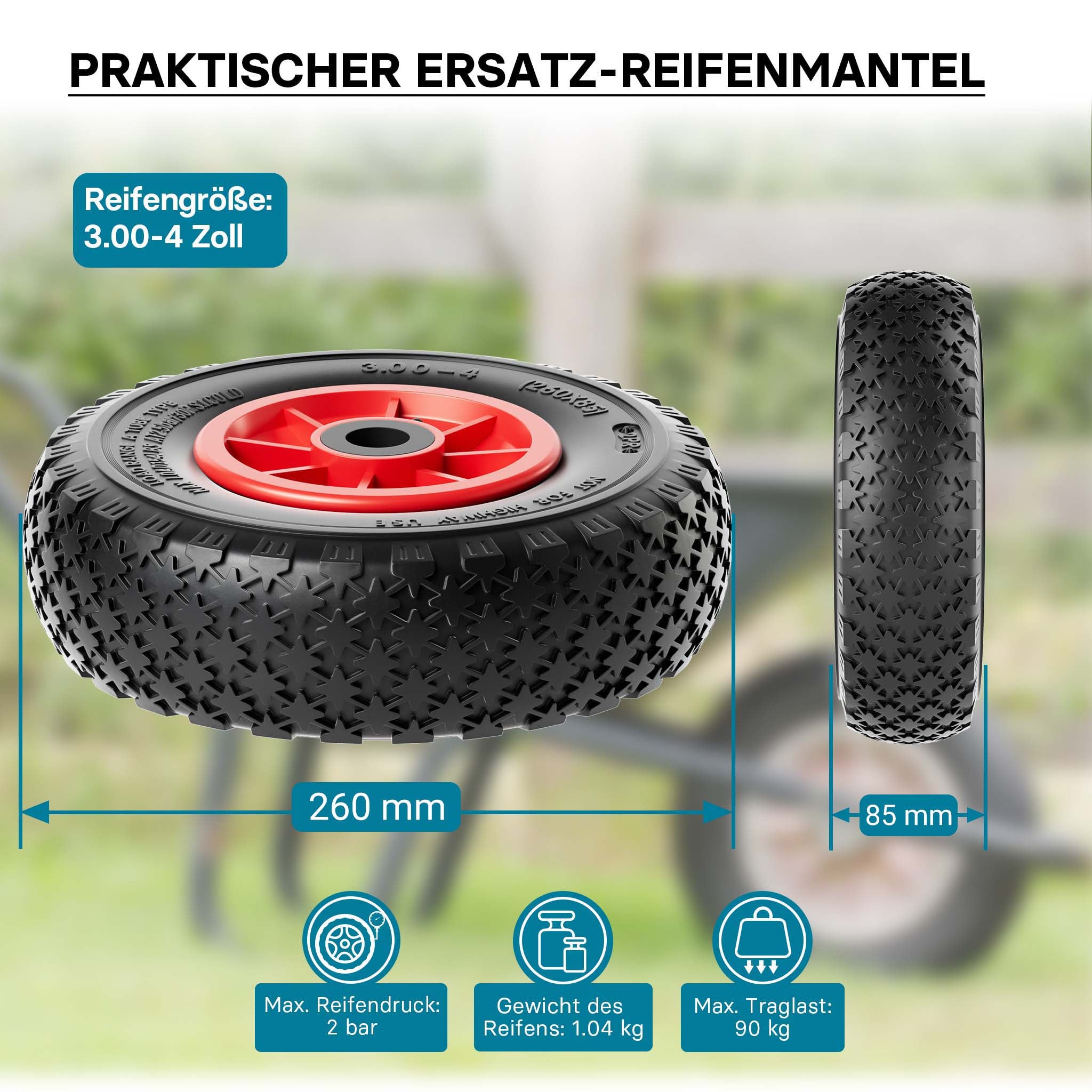 Set 4 ruote complete 3.00-4 HT2046 per carrelli a mano carriole portasacchi