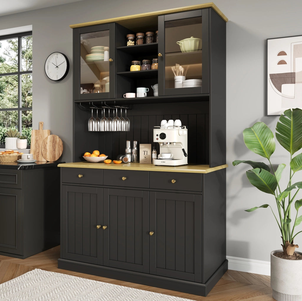 Credenza alta 120x40x191 cm con vetrine; portabicchieri e prese USB nera HOMVRA