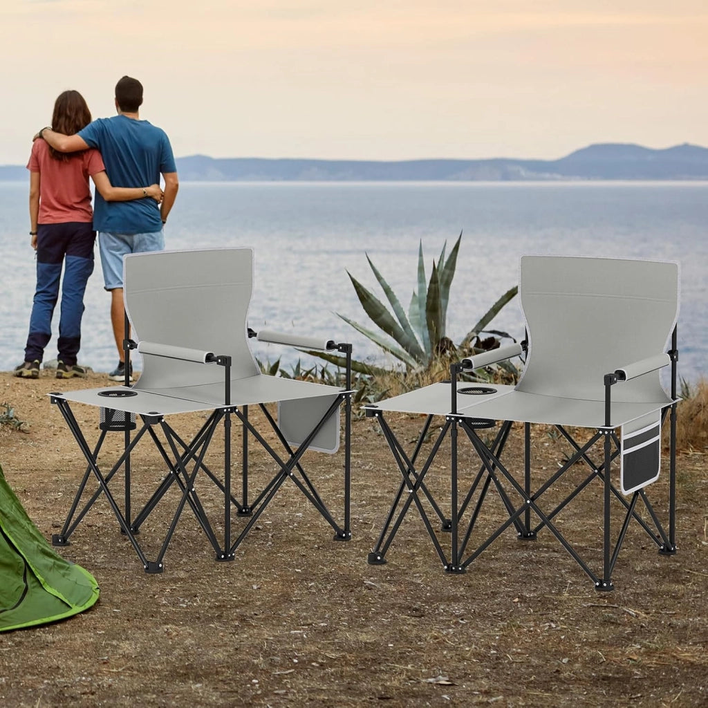 Sedia da Campeggio con Tavolino Laterale, Sedia da Picnic Pieghevole con 2 Tasche, Portabicchieri, Braccioli Imbottiti, Borsa da Trasporto, Portata 150 kg (Grigio)