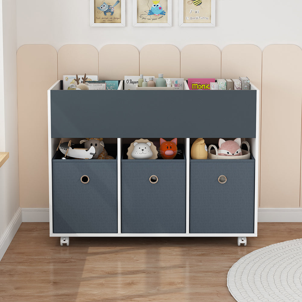 Scaffale Portagiochi per Bambini 3 Ceste in Tessuto e Libreria 80x30x 63 cm in MDF Bianco e Grigio