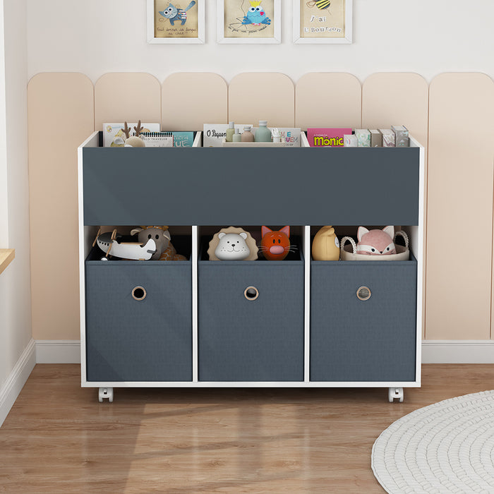 Scaffale Portagiochi per Bambini 3 Ceste in Tessuto e Libreria 80x30x 63 cm in MDF Bianco e Grigio