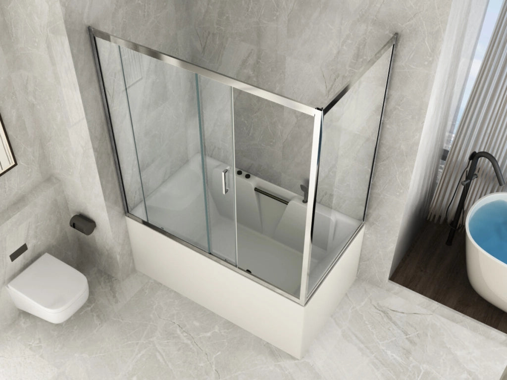 Box Doccia per Vasca a 2 Lati in Vetro Trasparente da 6 mm 1 Lato Fisso e 1 Porta Scorrevole - Misura: 65 x 140 x h150