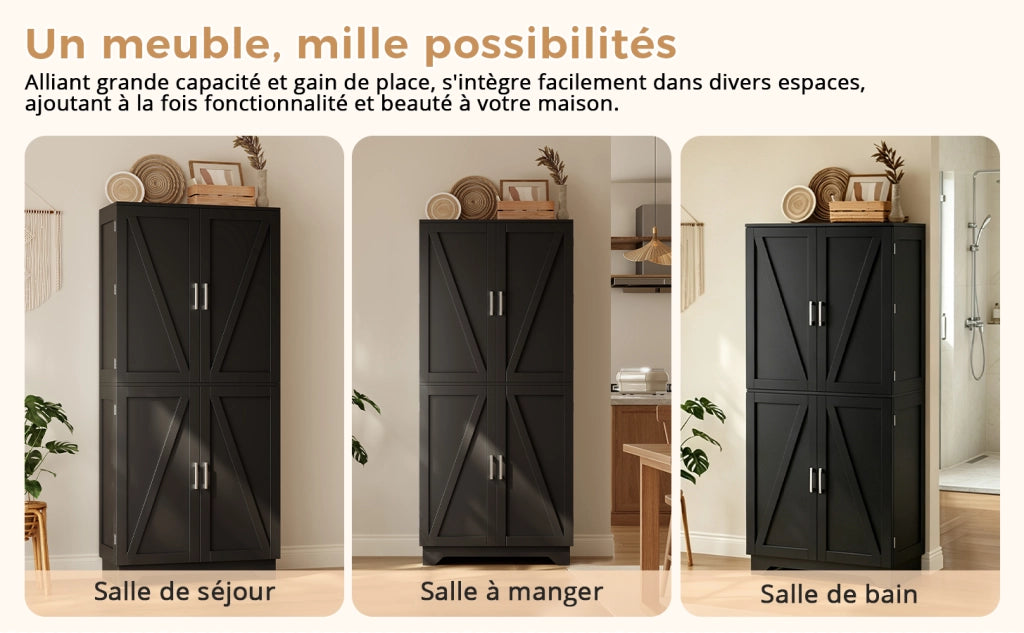 Credenza alta con 4 ante stile barn door, portabottiglie e vani aperti, 80 x 40 x 180 cm