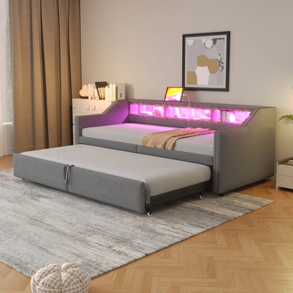 Divano letto estraibile ULEVR 90/180x200 cm con LED, USB, 3 vani laterali e 2 materassi a molle grigio chiaro