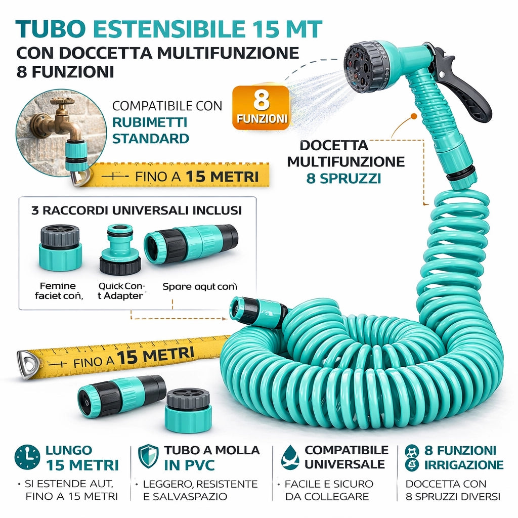 Tubo Estensibile 15MT a Molla Pvc con Doccetta 8 Funzioni Irrigazione Giardino