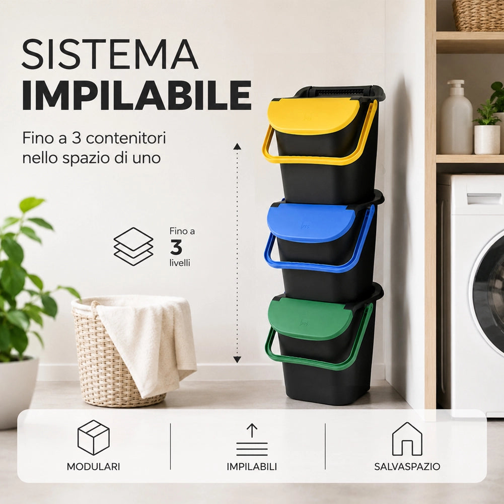 Set 3 Pattumiere Impilabili 34x37,7x42 cm Tower Bin 3x10L Raccolta Differenziata in Plastica Nero