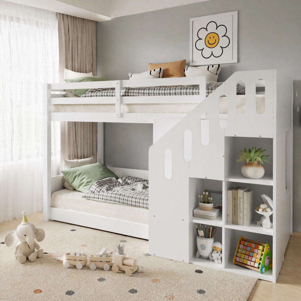 Letto a castello multifunzionale con scala contenitore e sponde, 90x200 cm, bianco, senza materasso