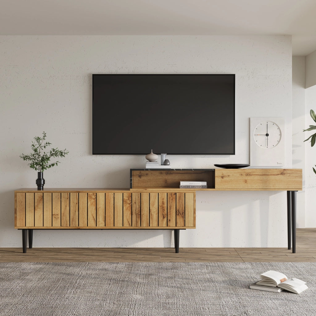 Mobile TV con 3 Ripiani Aperti; Bordo in PVC; Gambe in Ferro; Effetto Marmo e Venatura Legno; in MDF; Legno Naturale