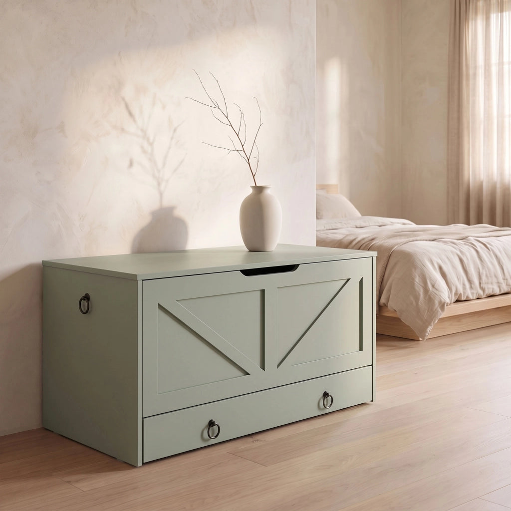 Kura - Cassapanca contenitore 100x50x40 cm Portaoggetti con Cerniere di Sicurezza e con Cassettiera in Legno Salvia