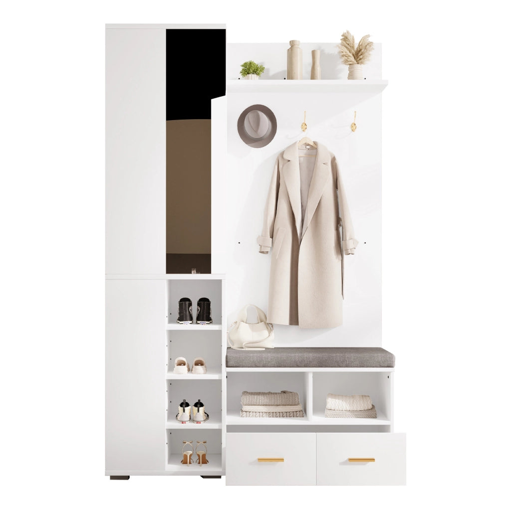 Mobile ingresso con specchio; barra appendiabiti; panca e 2 cassetti; bianco; 120x35x190 cm
