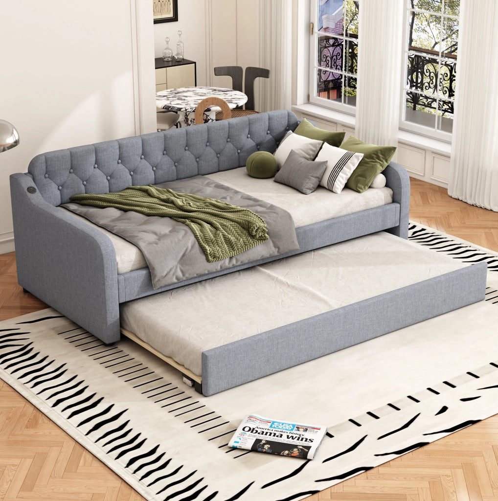 DIVANO LETTO 90x200 cm con USB in lino grigio