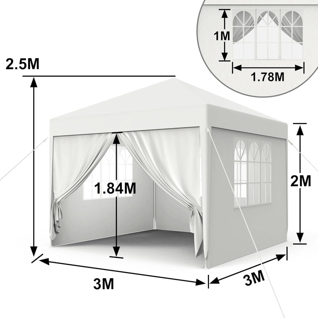 Gazebo Esterno Resistente da Giardino 3 x 3 m con Pannelli Laterali e Finestre in Poliestere Gazebi Tendone per Feste Protezione UV Impermeabile Tenda per Esterni, Bianco