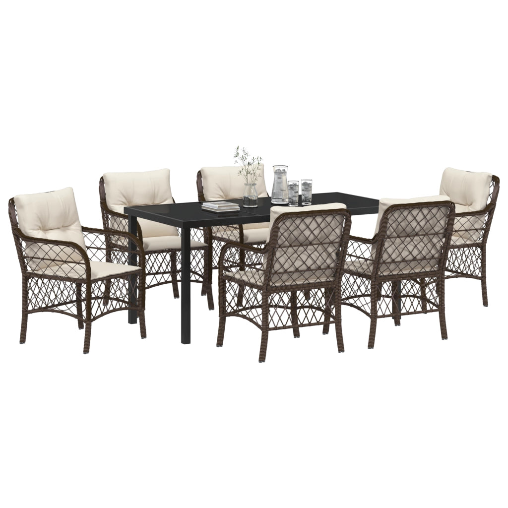Set di Mobili da Pranzo da Giardino di 7 Pezzi con Cuscini Marrone Rattan Polimerico