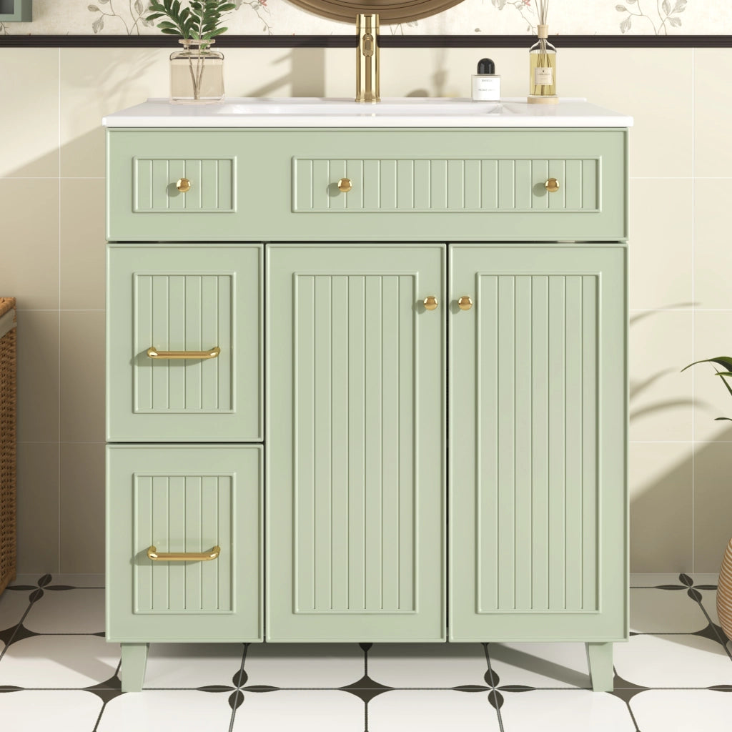 Mobile sottolavabo con lavabo in ceramica; 2 cassetti e 1 anta; spazio pratico per bagno; verde