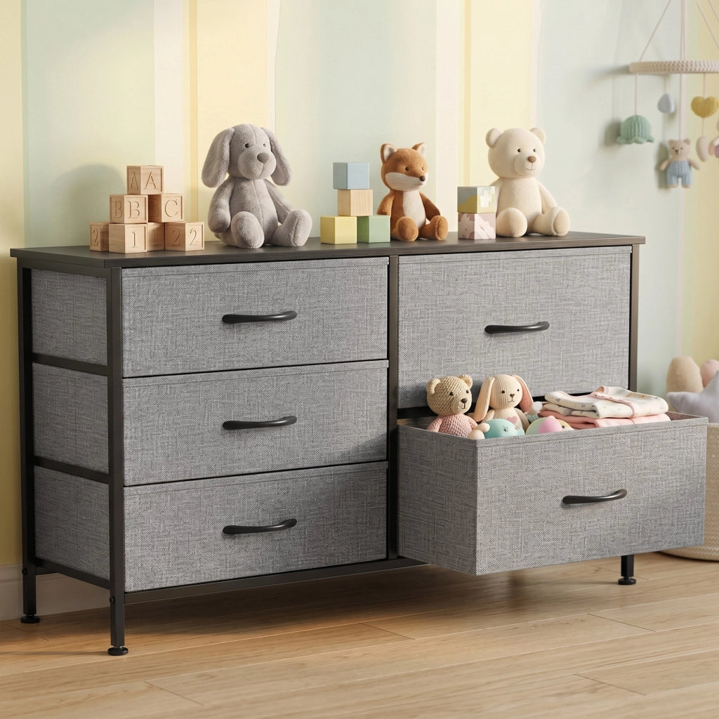 Cassettiera 5 Cassetti Tessuto Grigio Nero ¨C Zephmum ¨C Acciaio 60x40x138