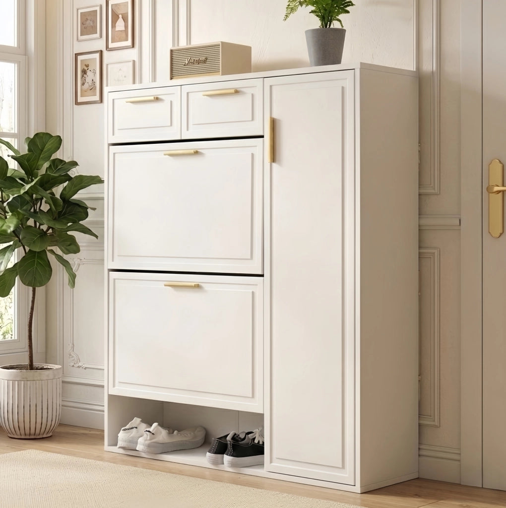 Scarpiera bianca 95x24x107 cm con ripiani regolabili; cassetti e maniglie in metallo