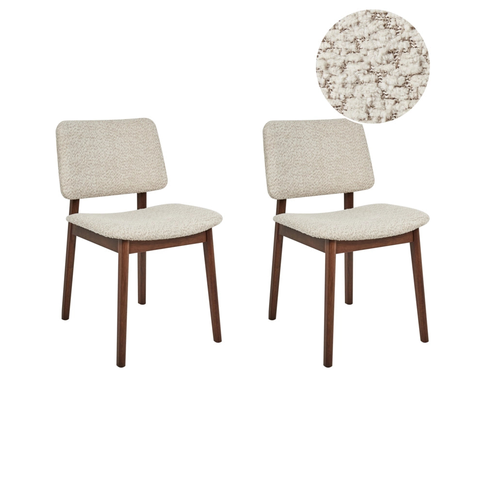 Set di 2 sedie da pranzo marrone scuro e beige con struttura in legno di gomma e seduta bouclé, design retrò senza braccioli