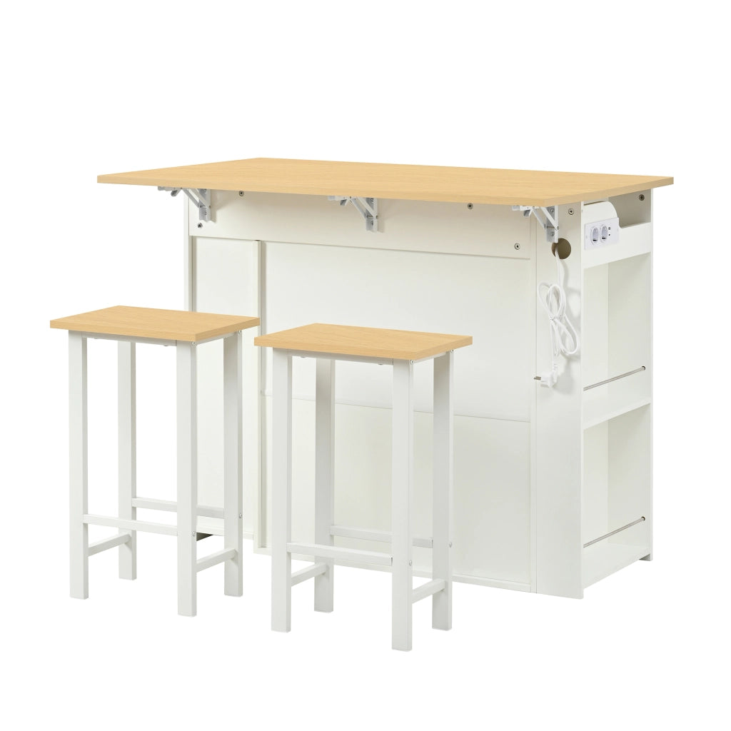 Isola Cucina con Tavolo Estensibile 120×45-75 cm; 2 Sgabelli; Ripiani Regolabili; Cassetti e Prese AC/USB Bianco