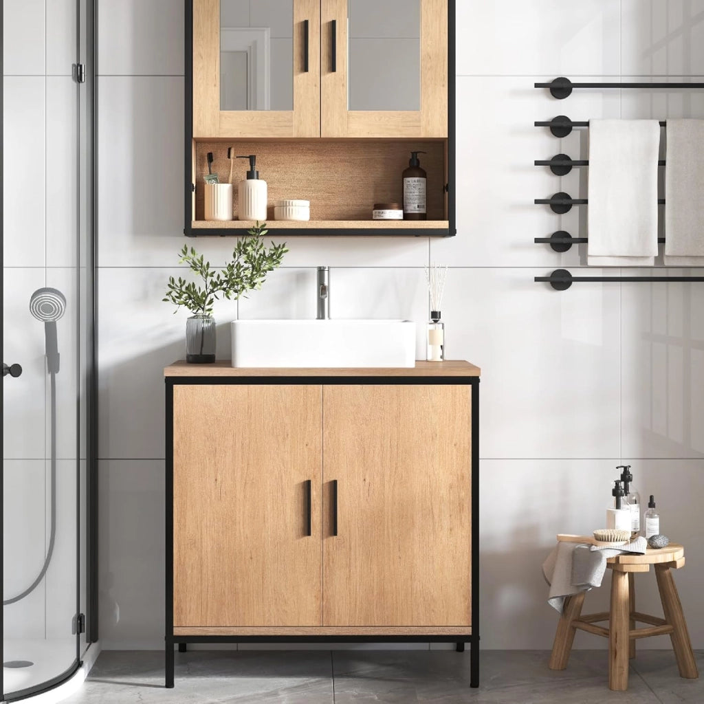 Mobile Sottolavabo per Bagno, Mobiletto Copricolonna da Bagno con Ripiano, Armadietto a 2 Ante in Legno e Metallo per Lavandino, Nero, 60x30x60cm