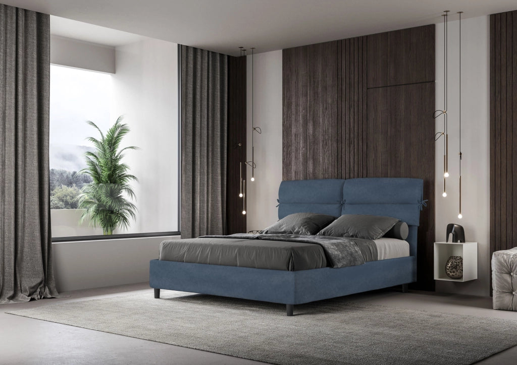 BS COM Letto matrimoniale contenitore imbottito 160x210 microfibra blu