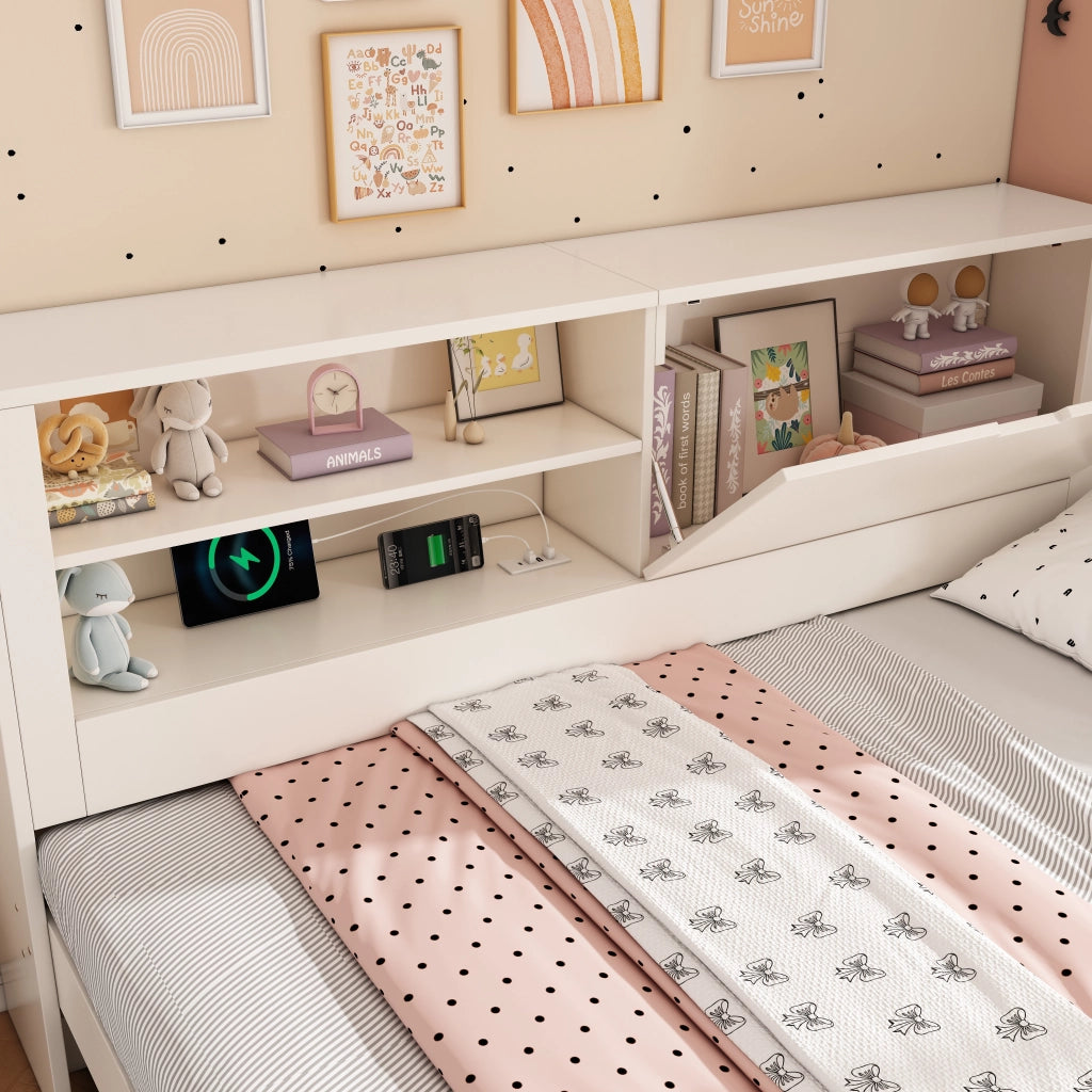 DESMIU Divano letto 140 × 190 cm 2 posti con letto estraibile, contenitore, USB e Type-C, senza materasso, bianco