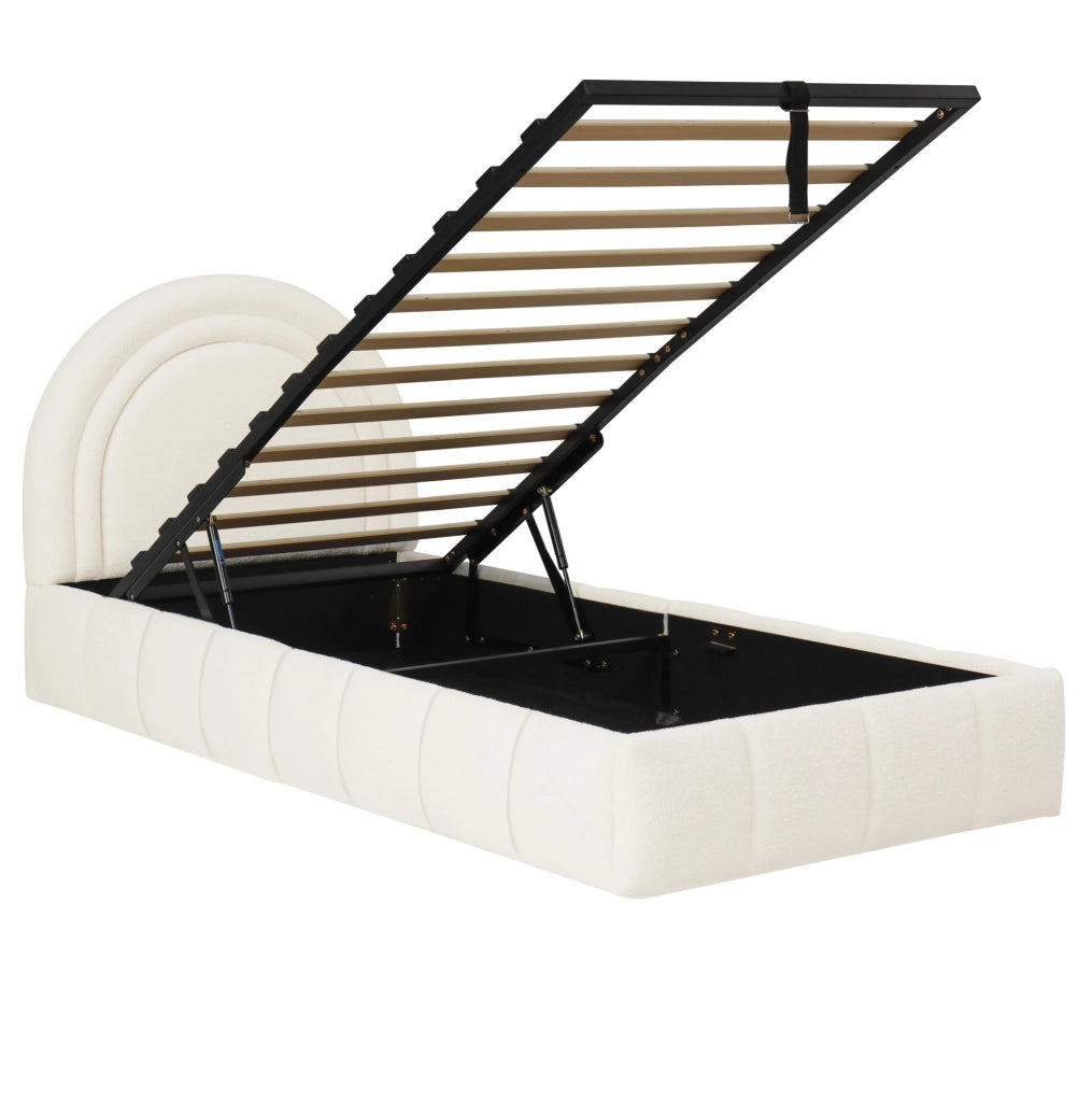 Letto singolo per bambini 90x200 cm con contenitore idraulico; rete a doghe; bouclé beige