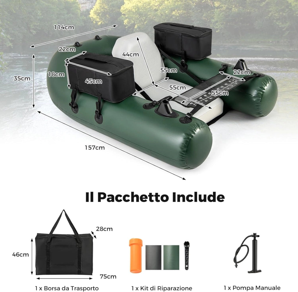 Belly Boat da Pesca, Gommone Gonfiabile da Pesca con 2 Porta Canne, Pompa, Borsa di Trasporto e Kit di Riparazione, Barca da Mare con Compatibile con Motore Fuoribordo, capacità 100kg