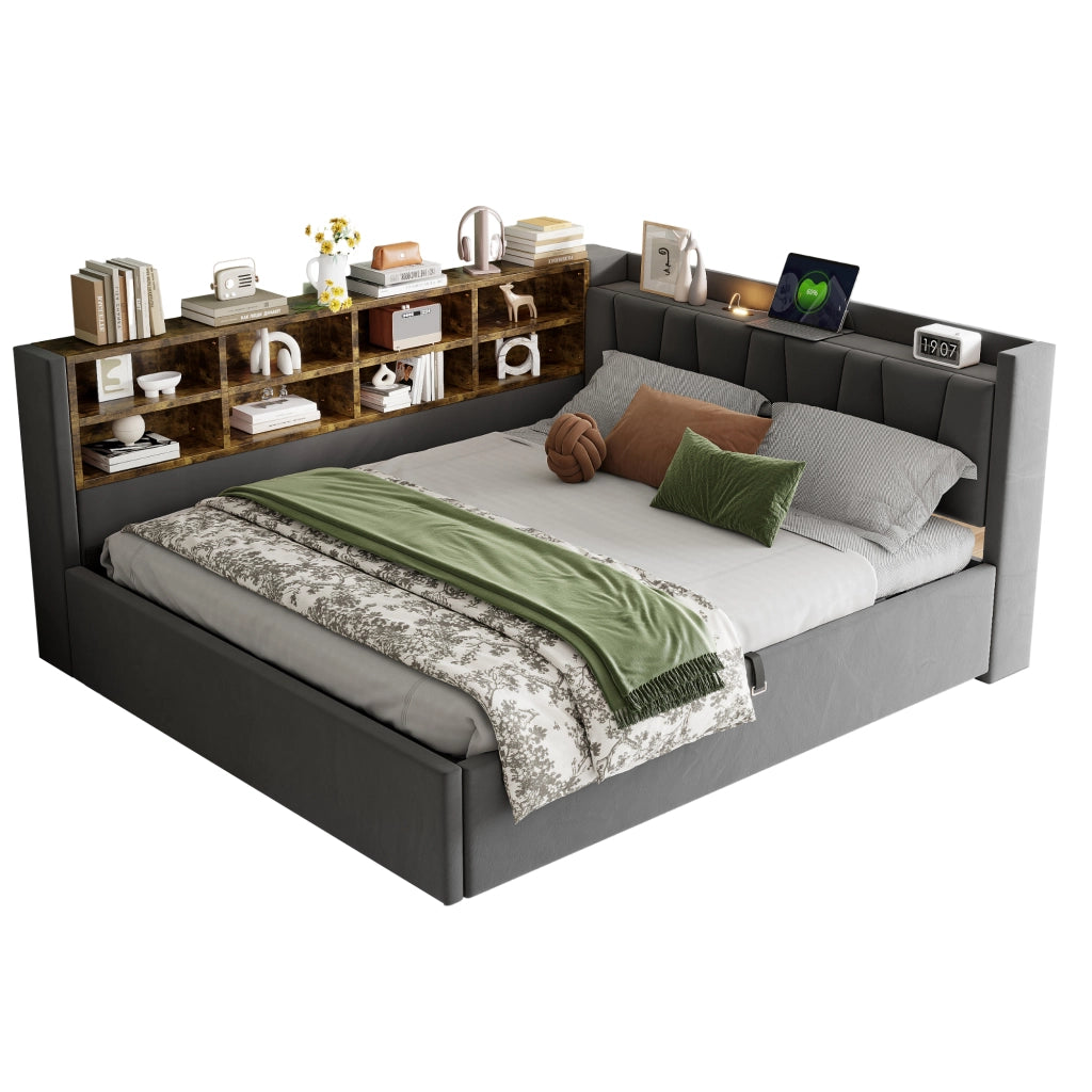 Letto imbottito matrimoniale 140×200 cm con contenitore idraulico; LED; USB; Type-C; ripiani; senza materasso; grigio