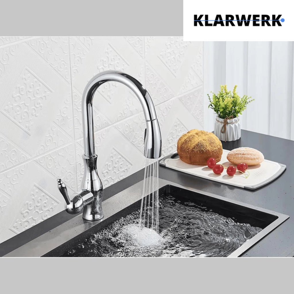 NAVIS | Elegante rubinetto cucina estraibile in acciaio inox cromato argento, arco alto, miscelatore di lusso, alta pressione, 360°, 2 attacchi