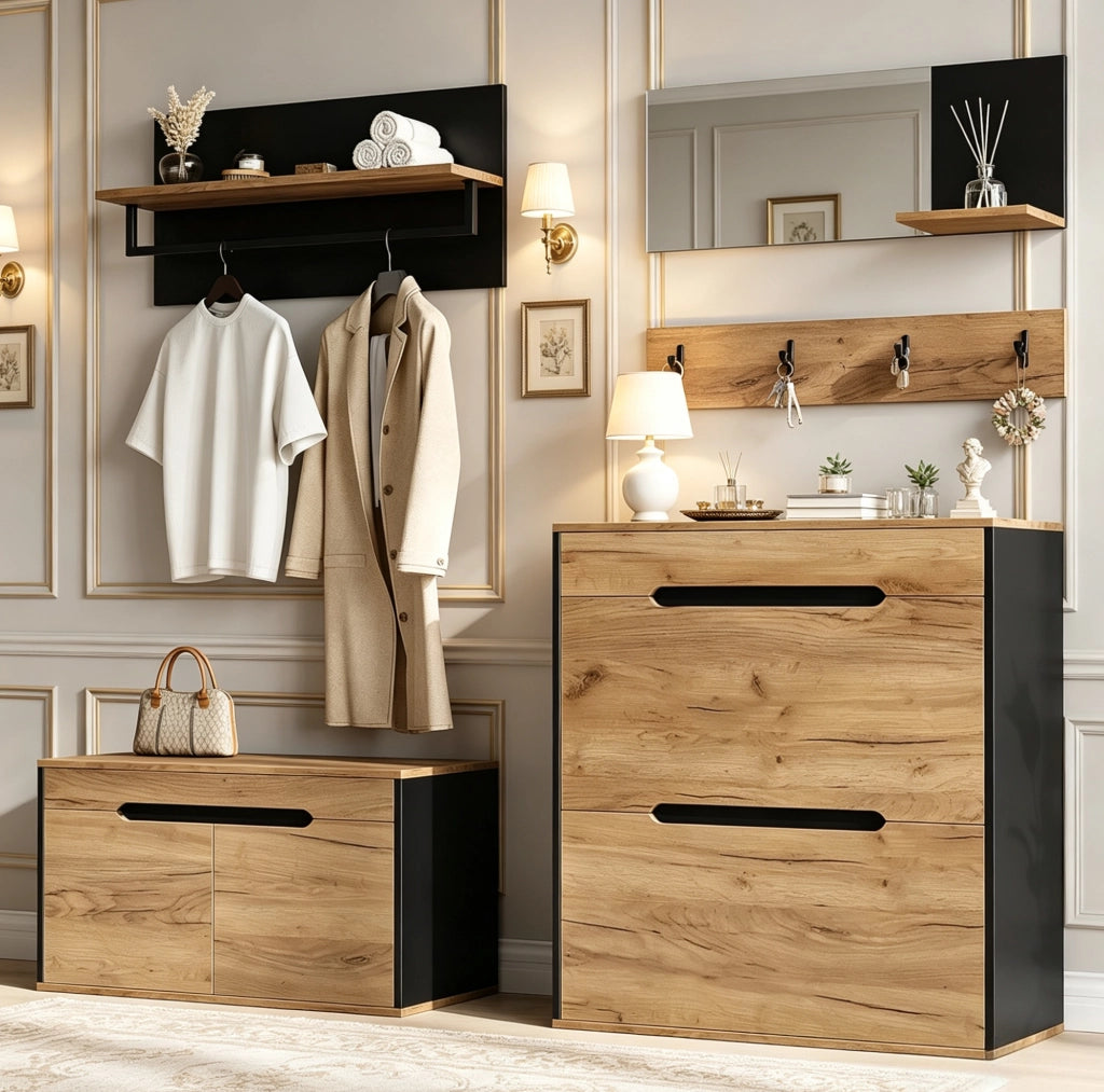 Set ingresso modulare 156x36x176 cm con specchio; scarpiera ribaltabile; 4 ganci; naturale e nero
