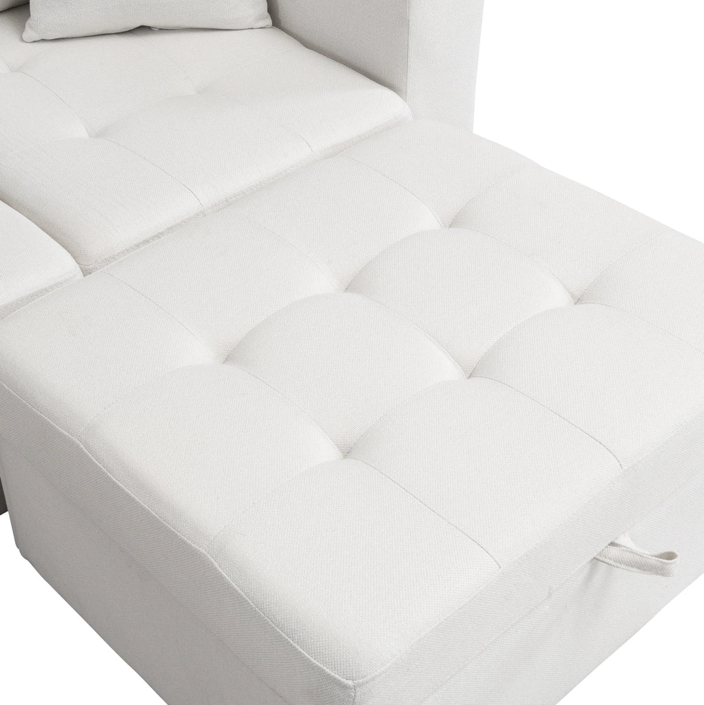 Divano angolare modulare 253x144,5x80,7 cm in lino beige con pouf contenitore –