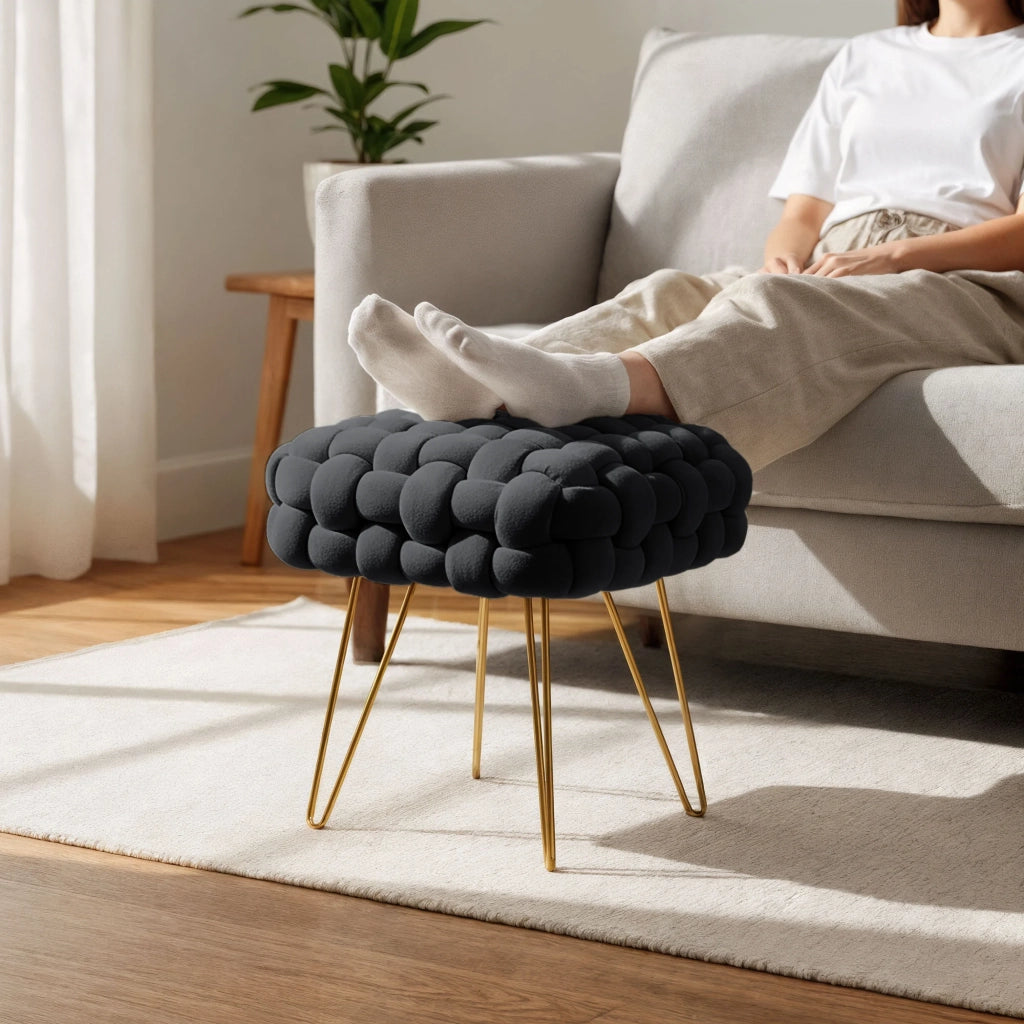 Pouf sgabello in velluto intrecciato 38 cm DOTTY Nero