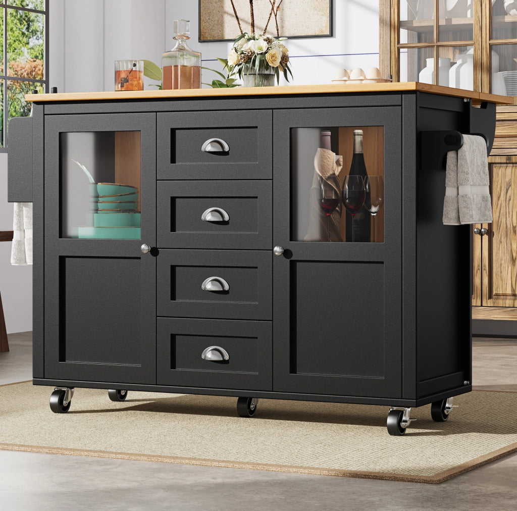 Isola da cucina 137.9x73x92.5 cm pieghevole con ruote in MDF e metallo nera