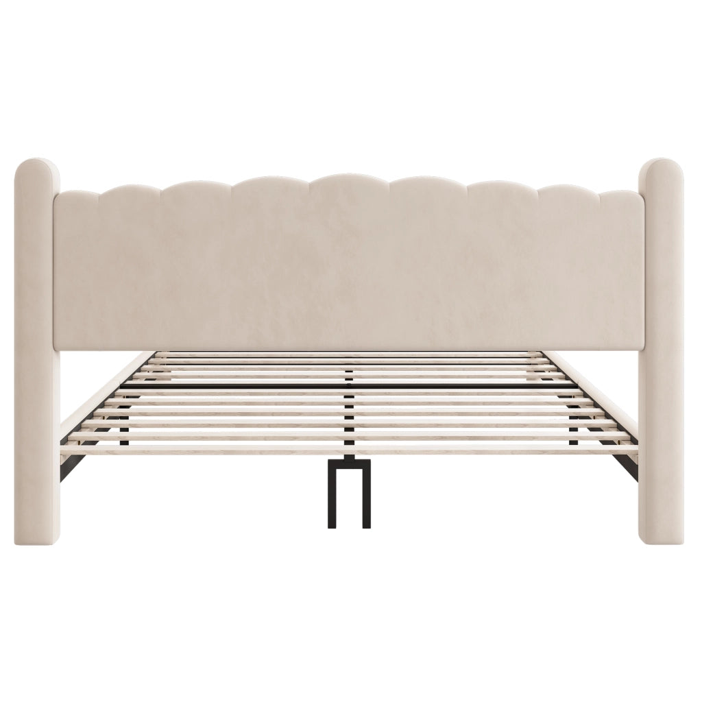 Letto imbottito 160x200cm - Zephmum - Testiera a ventaglio, gambe cilindriche, velluto beige