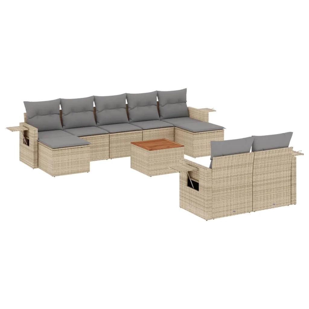 Set Divano da Giardino 10 pz con Cuscini Beige Misto Polyrattan