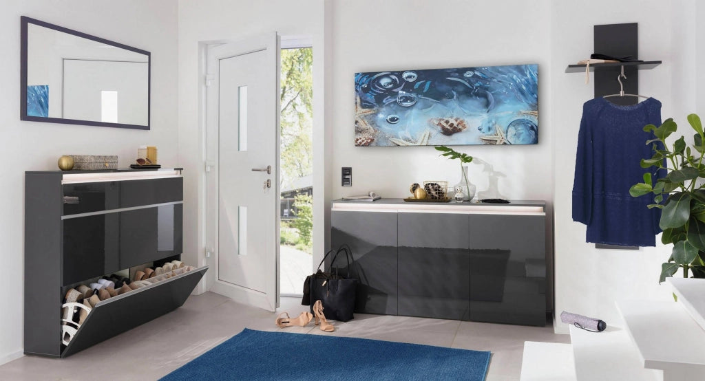 Credenza Andesina, Madia di design a 3 ante, Made in Italy, Mobile Porta TV, Buffet da soggiorno, cm 150x40h81, Antracite lucido