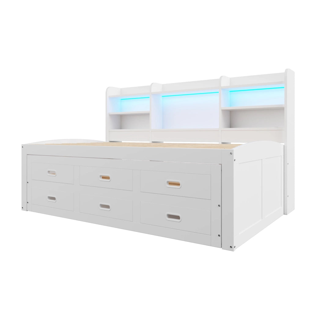 Letto singolo estraibile 90x200 cm con LED; 3 cassetti; vano comodino e USB/Type-C; bianco