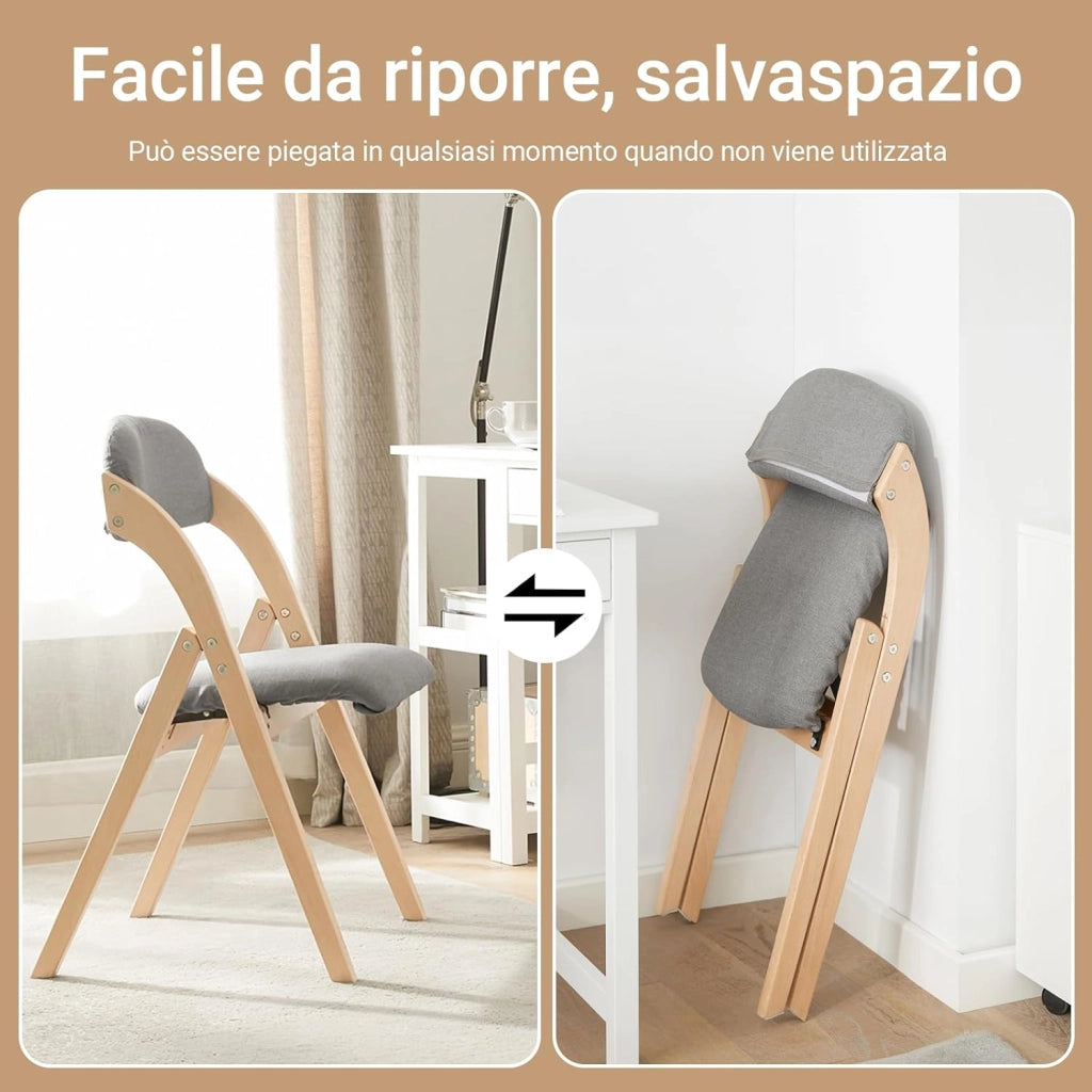 Sedia Pieghevole in Legno Set da 2 Poltrona Imbottita da Cucina, Sedie da Interno per Ufficio, Balcone, Giardino – Sedie Pieghevoli Salvaspazio Richiudibili in Faggio, Grigio Chiaro FST92-Nx2