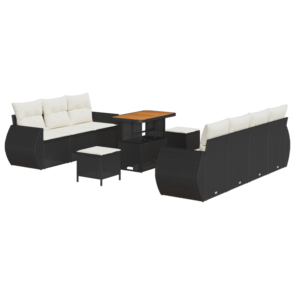 Set di divani da giardino da 10 pezzi con cuscini Nero Rattan sintetico Acacia