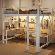 Letto a castello 140x200 cm in metallo e MDF con scrivania; LED; USB e contenitori; bianco