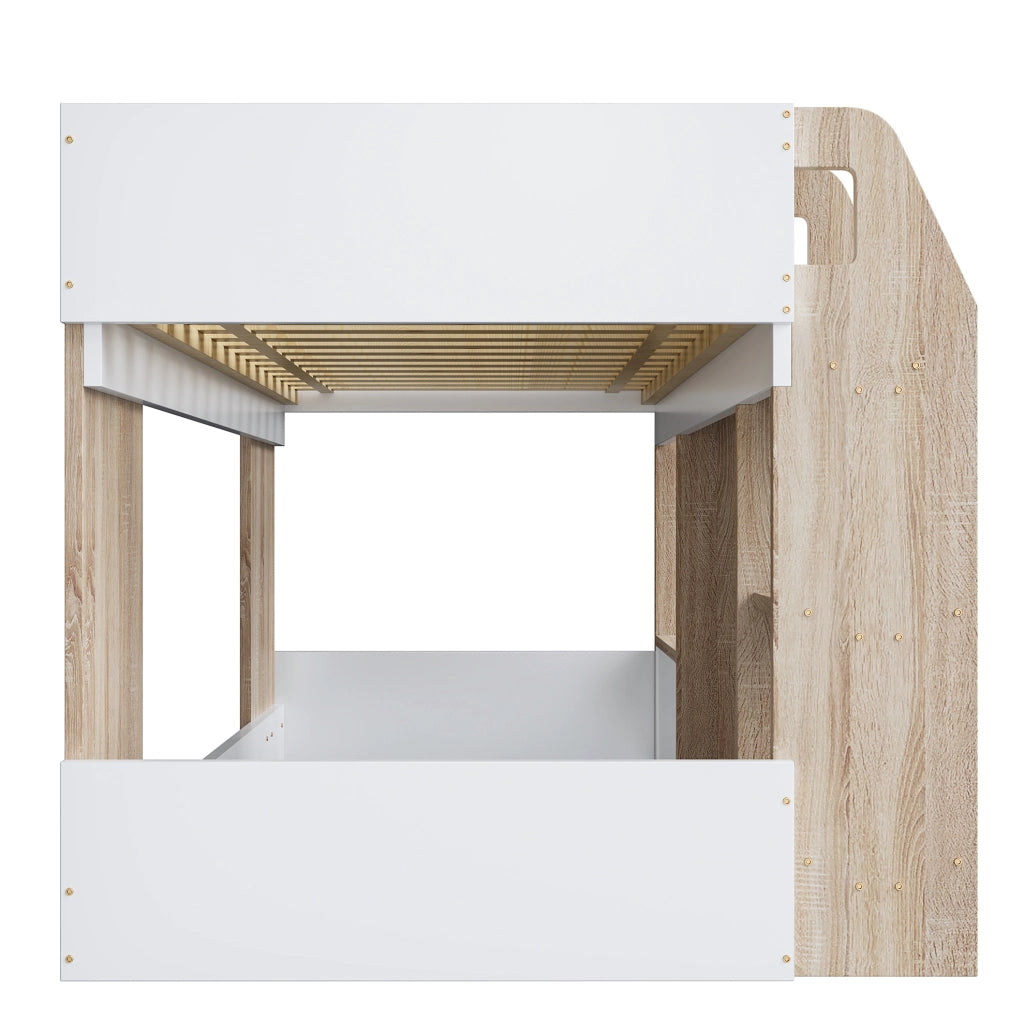 Letto a soppalco basso per bambini 90x200 cm con scala; vani contenitore e design casetta; rosa e bianco