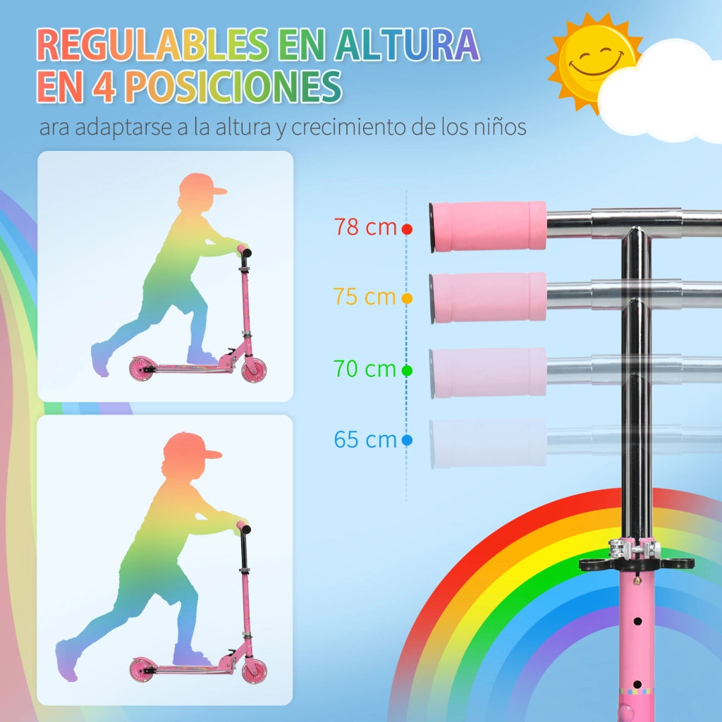 Patinete Pieghevole Bambini con Luci e Musica ¨C zephmum ¨C 67x32x65-78cm Rosa