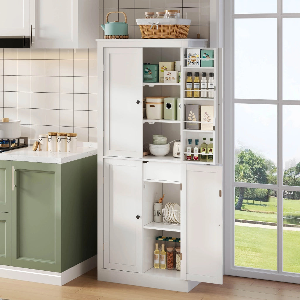 Credenza alta multifunzionale con ante, ripiani interni e cassetto, 182 × 40 × 75 cm, in MDF, bianco