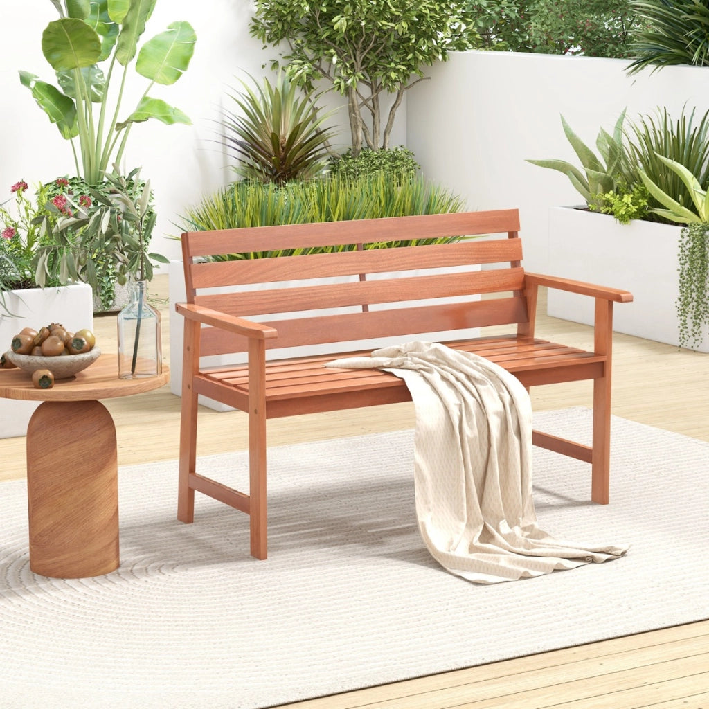 Panchina in legno per esterno con sedile a doghe traspirante e schienale inclinato, Panchina a 2 posti da giardino-Panchine