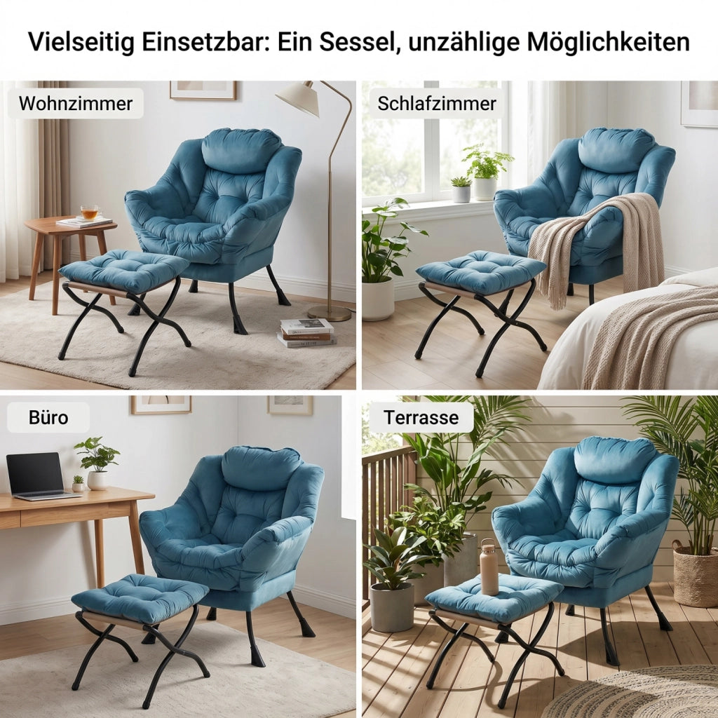 SEDIA Relax con Pouf Blu in Tessuto e Metallo