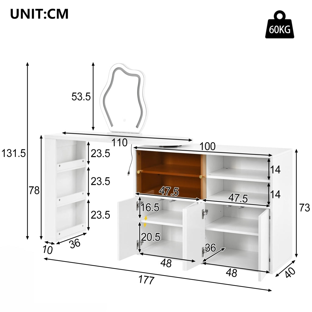 Tavolo da trucco angolare girevole con specchio LED a 3 colori, scrivania 2 in 1, bianco